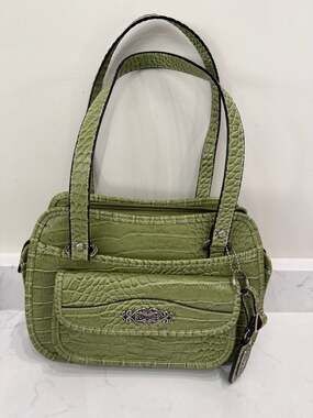 Rosetti Lime Green Croc-Embossed Faux Leather Shoulder Bag with Silver-Tone Hard